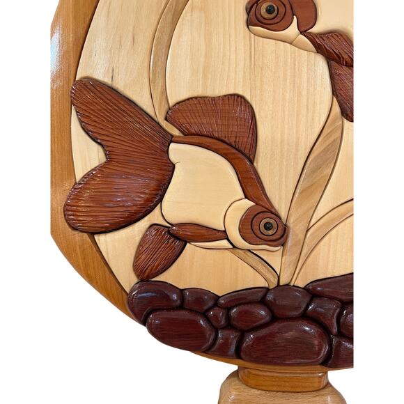Handmade Intarsia Goldfish Bowl Wall Hanging Art Decor Wood Sculpture - Picture 4 of 4